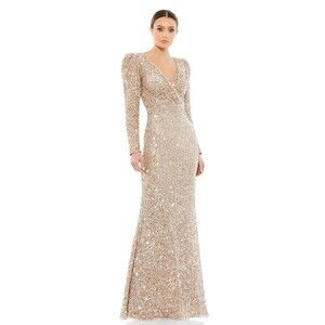 MAC DUGGAL Puff Sleeve Sequin Surplice Floor Length Gown Shimmering Gold Nude 2